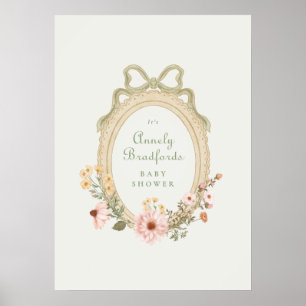 Elegant Floral Girl Sage Bow Framed Baby Shower Poster