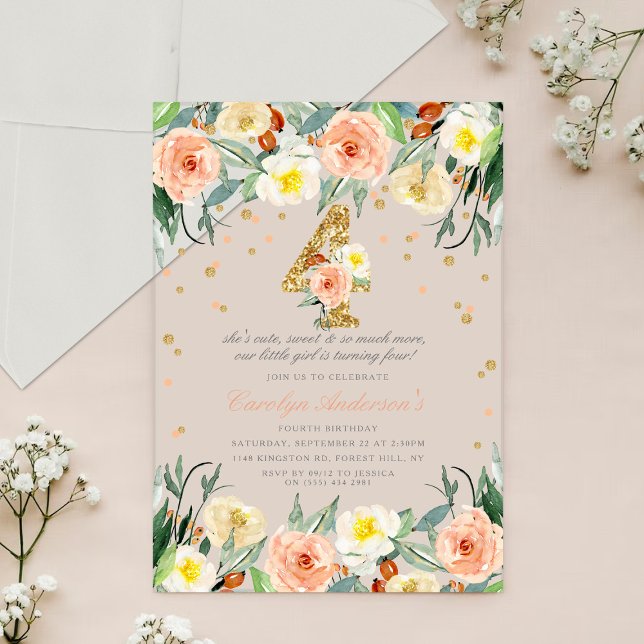 Elegant Floral Girls 4th Birthday Acrylic Invitations (Creator Uploaded)