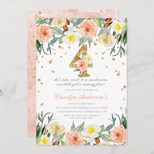 Elegant Floral Girls 4th Birthday Invitations (Front/Back)