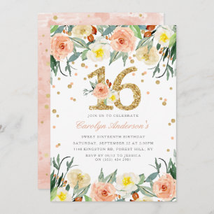 Elegant Floral Girls Sweet 16 Birthday Invitations