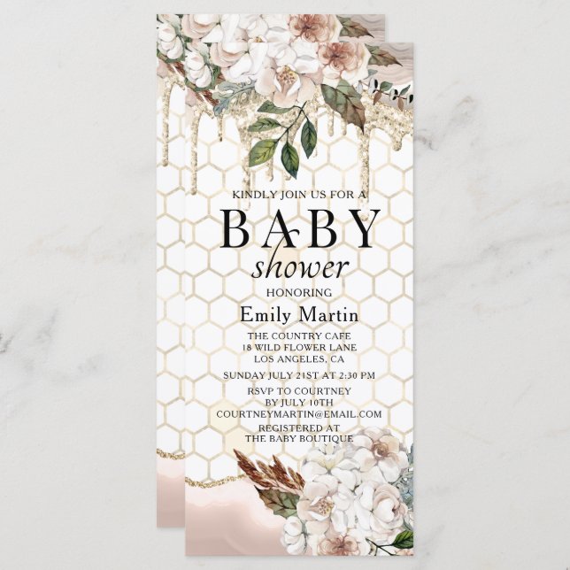 Elegant Floral Glitter Drip Marble Baby Shower (Front/Back)
