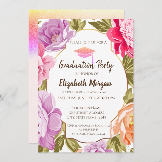 Elegant Floral, Glitter Graduation Cap Invitation (Front/Back)