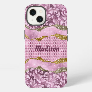 Elegant floral glittery Purple pink gold monogram iPhone 13 Case