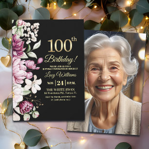 Elegant Floral Gold 100 Birthday Photo Invitation