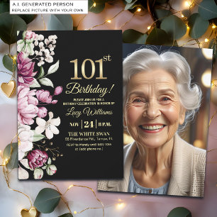 Elegant Floral Gold 101 Birthday Photo Invitation