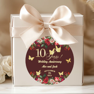 Elegant Floral Gold 10th Wedding Anniversary  Classic Round Sticker