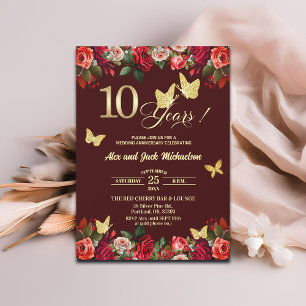 Elegant Floral Gold 10th Wedding Anniversary  Invitation