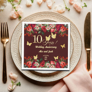Elegant Floral Gold 10th Wedding Anniversary Napkin