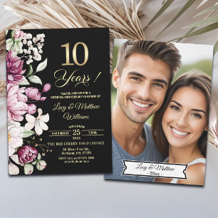 Elegant Floral Gold 10th Wedding Anniversary Photo Invitation