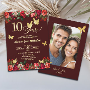 Elegant Floral Gold 10th Wedding Anniversary Photo Invitation