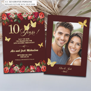Elegant Floral Gold 10th Wedding Anniversary Photo Save The Date