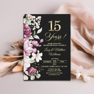 Elegant Floral Gold 15th Wedding Anniversary Invitation