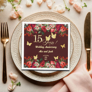 Elegant Floral Gold 15th Wedding Anniversary  Napkin