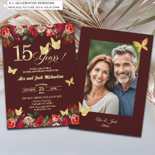 Elegant Floral Gold 15th Wedding Anniversary Photo Invitation