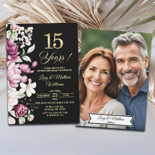 Elegant Floral Gold 15th Wedding Anniversary Photo Invitation