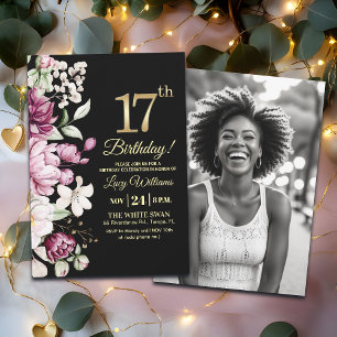 Elegant Floral Gold 17 Birthday Photo Invitation