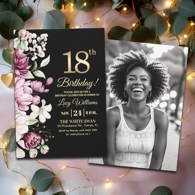 Elegant Floral Gold 18 Birthday Photo Invitation (Creator Uploaded)
