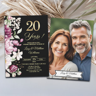Elegant Floral Gold 20th Wedding Anniversary Photo Invitation