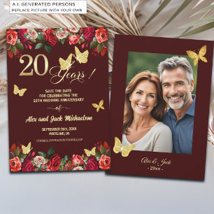 Elegant Floral Gold 20th Wedding Anniversary Photo Save The Date