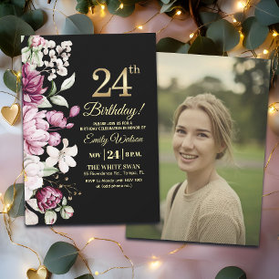Elegant Floral Gold 24 Birthday Photo Invitation