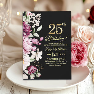 Elegant Floral Gold 25 Birthday Party Invitation