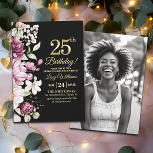 Elegant Floral Gold 25 Birthday Photo Invitation