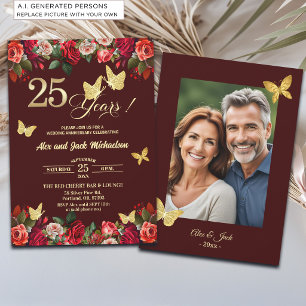 Elegant Floral Gold 25th Wedding Anniversary Photo Invitation