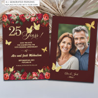 Elegant Floral Gold 25th Wedding Anniversary Photo