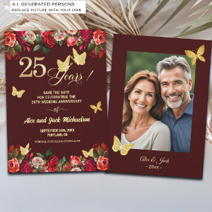 Elegant Floral Gold 25th Wedding Anniversary Photo Save The Date