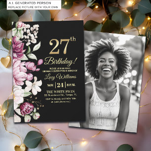 Elegant Floral Gold 27 Birthday Photo Invitation