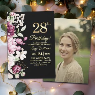 Elegant Floral Gold 28 Birthday Photo Invitation