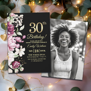 Elegant Floral Gold 30 Birthday Photo Invitation