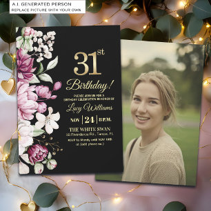 Elegant Floral Gold 31 Birthday Photo Invitation