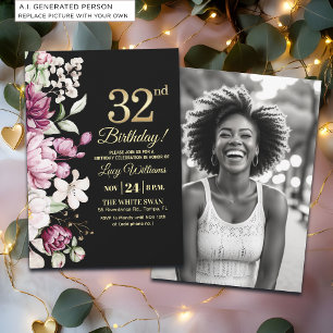 Elegant Floral Gold 32 Birthday Photo Invitation