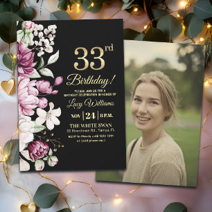 Elegant Floral Gold 33 Birthday Photo Invitation