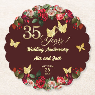 Elegant Floral Gold 35th Wedding Anniversary Paper Coaster