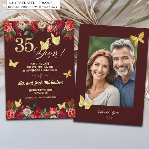 Elegant Floral Gold 35th Wedding Anniversary Photo Save The Date