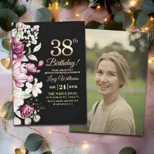 Elegant Floral Gold 38 Birthday Photo Invitation