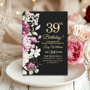 Elegant Floral Gold 39 Birthday Party Invitation