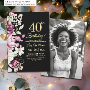 Elegant Floral Gold 40 Birthday Photo Invitation