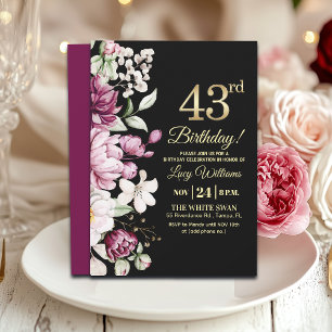Elegant Floral Gold 43 Birthday Party Invitation