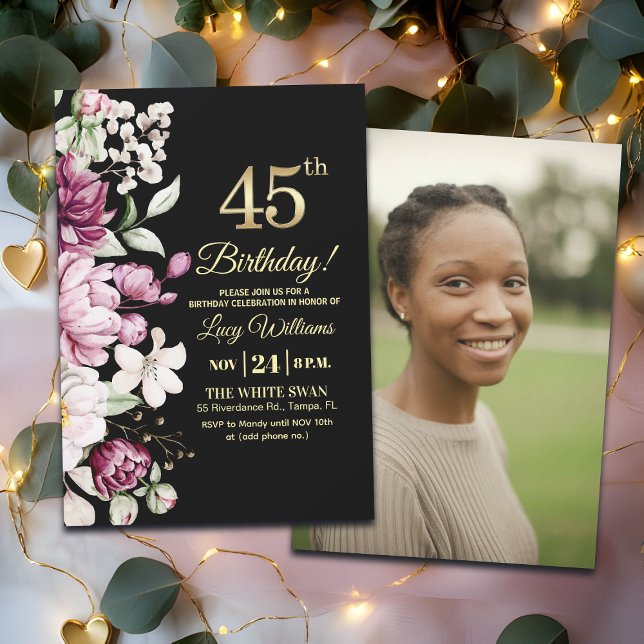 Elegant Floral Gold 45 Birthday Photo Invitation (Creator Uploaded)