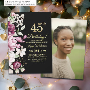 Elegant Floral Gold 45 Birthday Photo Invitation