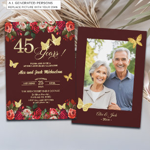 Elegant Floral Gold 45th Wedding Anniversary Photo Invitation