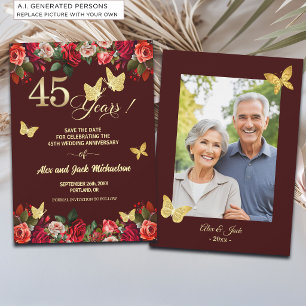Elegant Floral Gold 45th Wedding Anniversary Photo Save The Date
