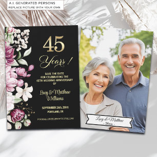 Elegant Floral Gold 45th Wedding Anniversary Photo Save The Date