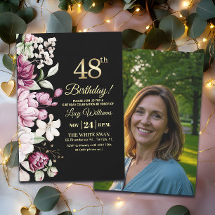 Elegant Floral Gold 48 Birthday Photo Invitation