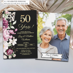 Elegant Floral Gold 50th Wedding Anniversary Photo Invitation