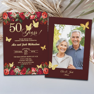Elegant Floral Gold 50th Wedding Anniversary Photo Invitation