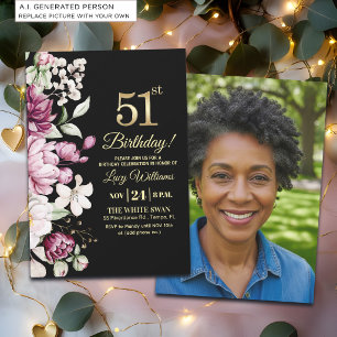 Elegant Floral Gold 51 Birthday Photo Invitation